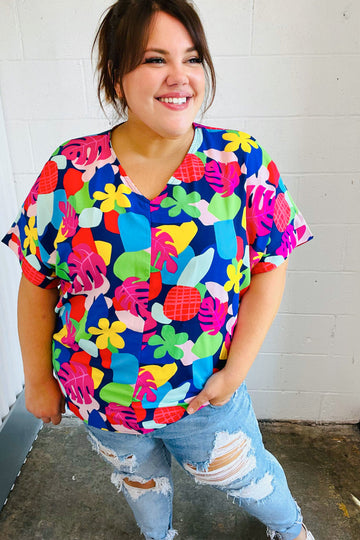 Time For Sun Navy Multicolor Tropical Print V Neck Top (Open Pack)