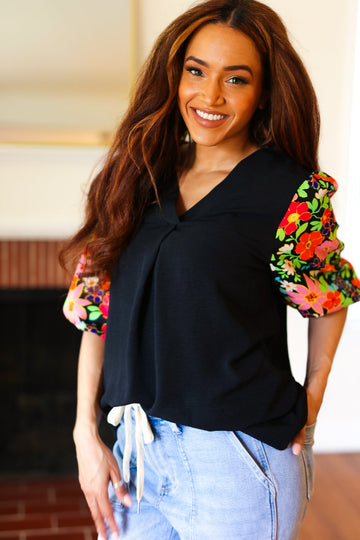 Eyes On You Black Floral Puff Sleeve V Neck Top (Open Pack)