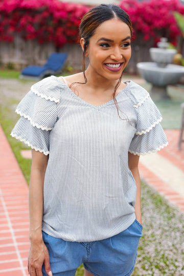 Lovely In Gray Stripe Tiered Ruffle Sleeve Ric Rac Trim Top (Open Pack)