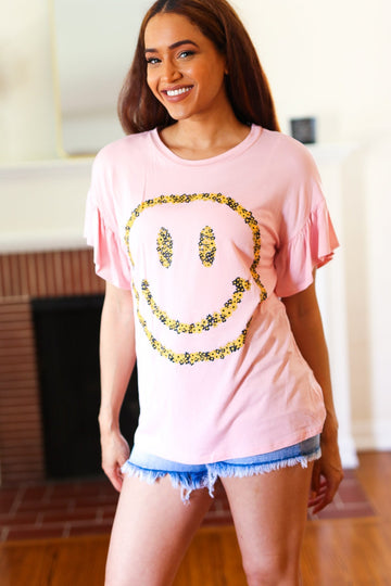 Live For Today Pink Floral Smiley Face Flutter Sleeve Tee (Open Pack)