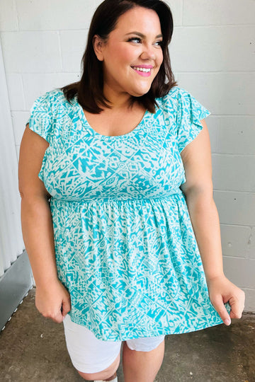 Aqua Boho Print Ruffle Short Sleeve Babydoll Top (Open Pack)