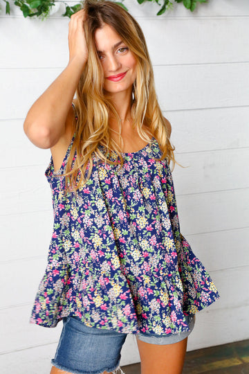 Navy Floral Ruffle Hem Sleeveless Top (Open Pack)