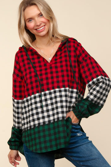 PLUS NOTCHED NECK COLOR BLOCK PLAID HOODIE TOP