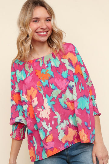 PLUS FUCHSIA OVERSIZED ELBOW SLEEVE W/ SMOCKING WOVEN TOP