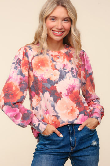 Plus Round Neck Ruff Floral Brushed Hacci Knit Top
