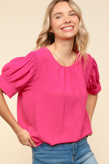 PLUS FUCHSIA SOLID WOVEN TOP WITH BACK BUTTON AND KEYHOLE