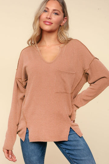 Camel Mineral Washed Rib Top with Slits and Pockets