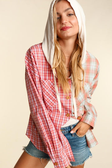 Coral Mint Woven Plaid Jacket Pocketed Hoodie