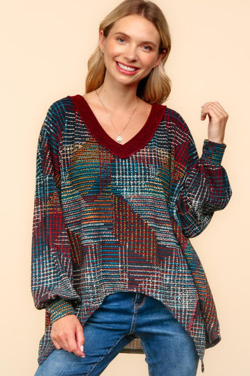 PLUS SOFT HACCI CHECKER PRINT SHARK BITE KNIT TOP