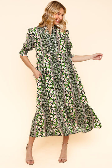 PLUS RUFFLED NOTCH NECK BABYDOLL FLORAL MIDI DRESS