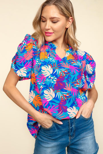 Plus Tropical Print Short Sleeve Woven Blouse