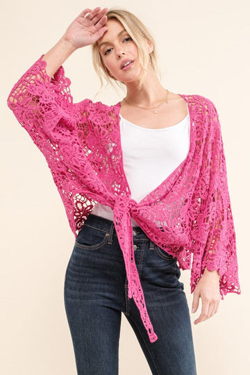 PLUS FUCHSIA CROCHET TIE HEM CARDIGAN