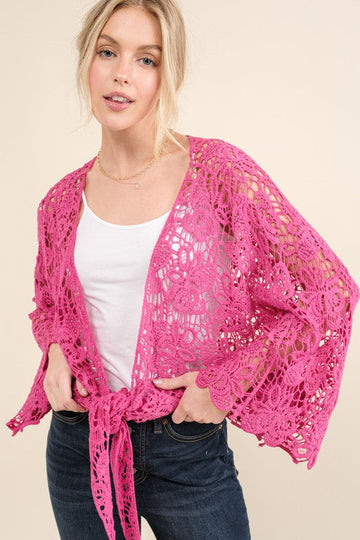FUCHSIA CROCHET TIE HEM CARDIGAN