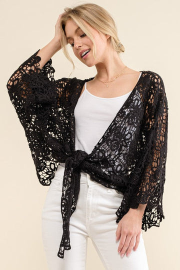 PLUS BLACK CROCHET TIE HEM CARDIGAN