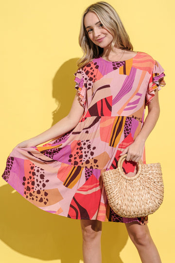 Plus Printed Double Ruffles Sleeve Casual Dress