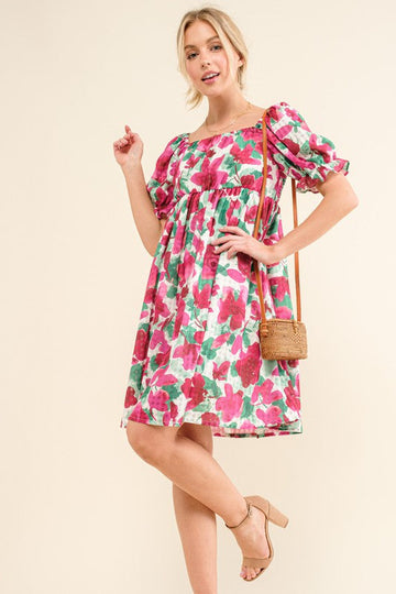 Plus Floral Print Sheer Gridded Puff Sleeve Top