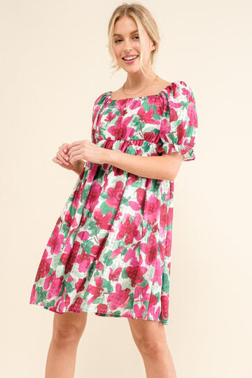 Floral Print Sheer Gridded Puff Sleeve Top