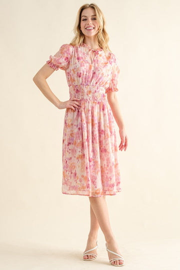 Lurex Printed And Smocked Waist Midi Dress
