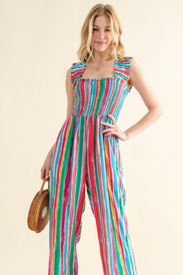 Stripe Printed And Smocked Jumpsuit
