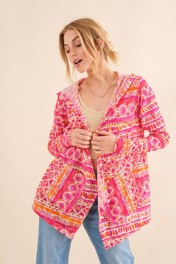 Plus Coral Multi Printed Thermal Hoodie Casual Cardigan