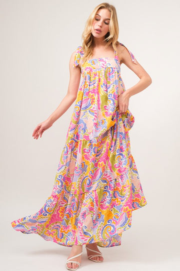 Tied Shoulder Strap Paisley Printed Long Dress
