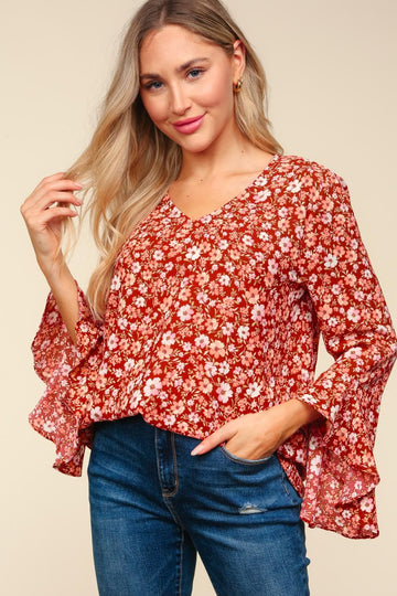 Plus Burgundy Waterfall Hi Low Three Quarter Sleeve Woven
