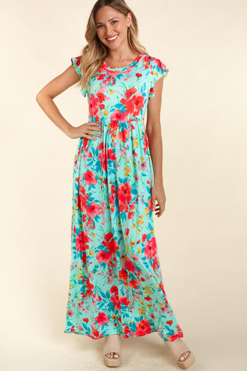 Aqua Floral Fit and Flare Maxi with Side Pockets