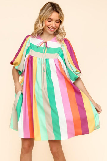 BABYDOLL MULTICOLOR STRIPE DRESS WITH SIDE POCKETS