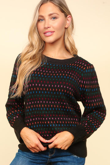 BLACK MULTI COLOR JACQUARD SWEATER KNIT TOP