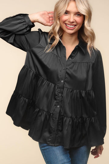 PLUS BLACK BUTTON DOWN LONG SLEEVE BABYDOLL SATIN HOLIDAY TOP
