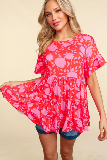 PLUS CORAL BABYDOLL PEPLUM FLORAL PRINT KNIT TOP