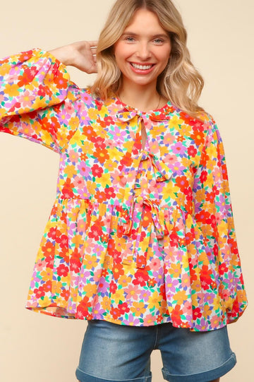 PLUS FRONT RIBBON BOW TIE FLORAL PRINT WOVEN TOP
