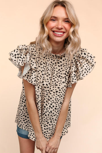 Animal Print Woven Blouse W/Ruffle Sleeves