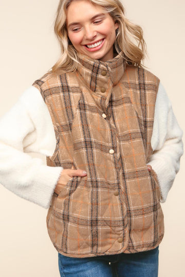 HIGH NECK SNAP BUTTON DOWN PLAID QUILTED VEST