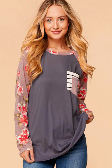 Plus Charcoal Double Pocket Floral Sleeve Top (5pc)