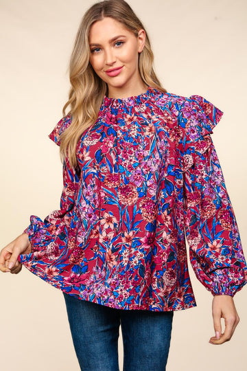 MOCK NECK WATERCOLOR FLORAL WOVEN BLOUSE TOP