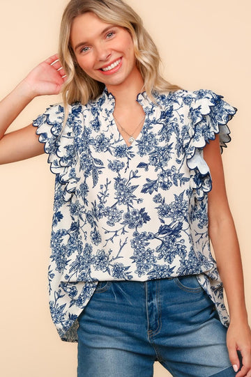MOCK NECK WITH SCALLOP HEM FLORAL BLOUSE
