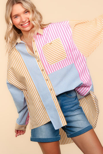 PLUS STRIPE PATCHWORK BUTTON DOWN WOVEN TOP