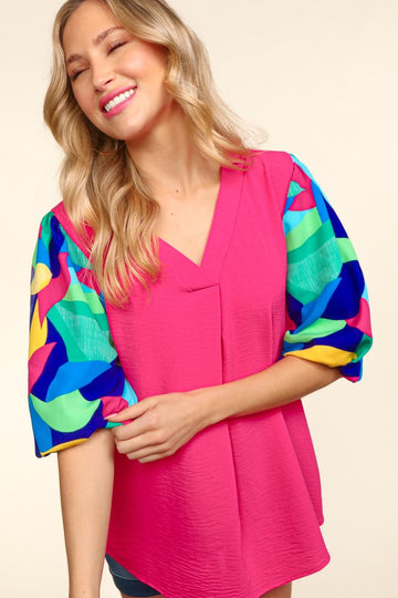 Plus V Neck Geometric Print Color Block Sleeve Top