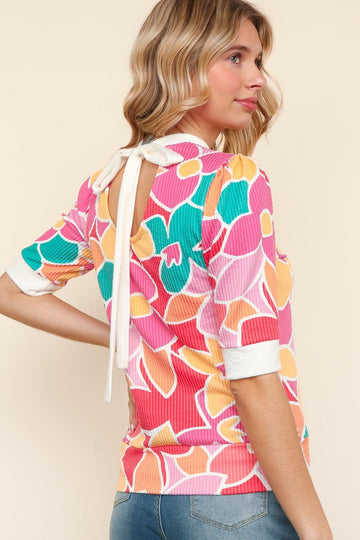 PLUS PINK FLORAL PRINT KNIT TOP WITH BACK BOW TIE DETAIL