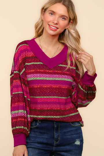 PLUS V NECK DROP SHOULDER STRIPE PRINT SWEATER TOP