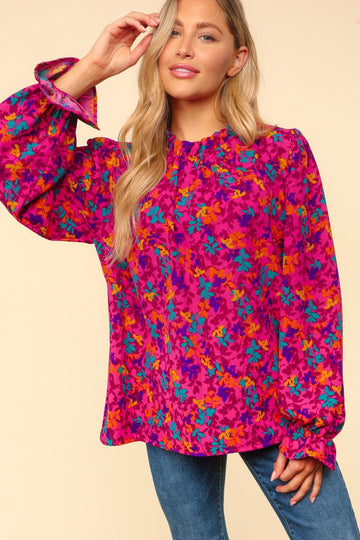 Plus Frilled Mock Neck Floral Woven Blouse