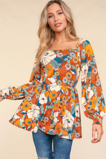 Plus Babydoll Peplum Vintage Floral Print Knit Top