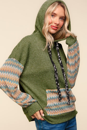 PLUS HACCI COLOR BLOCK SWEATER TOP WITH HOODIE