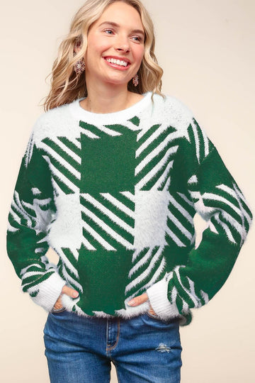 PLAID PATTERN SOFT BRUSHED HAIRY SWEATER HOLIDAY TOP