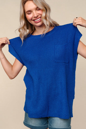 PLUS BLUE LOOSE FIT SOLID SWEATER KNIT TOP WITH POCKET
