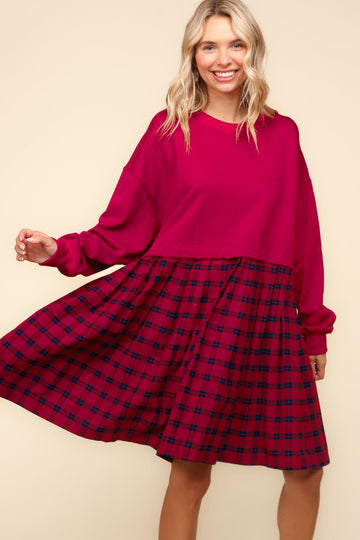 PLUS BURGUNDY BUBBLE LONG SLEEVE PLEATED SKIRT OVERSIZED