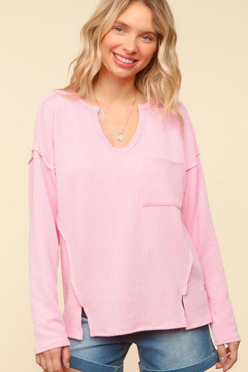 PLUS PINK NOTCH NECK DROP SHOULDER WITH POCKET KNIT TOP