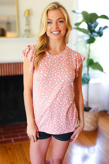 Plus Mauve Floral Round Neck Ruffle Short Sleeve Knit