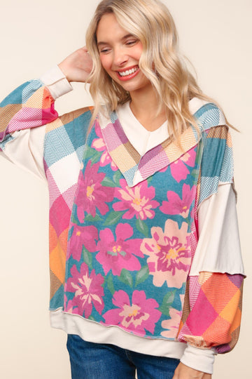 Plus Checker Plaid Floral Print Pullover Knit Top